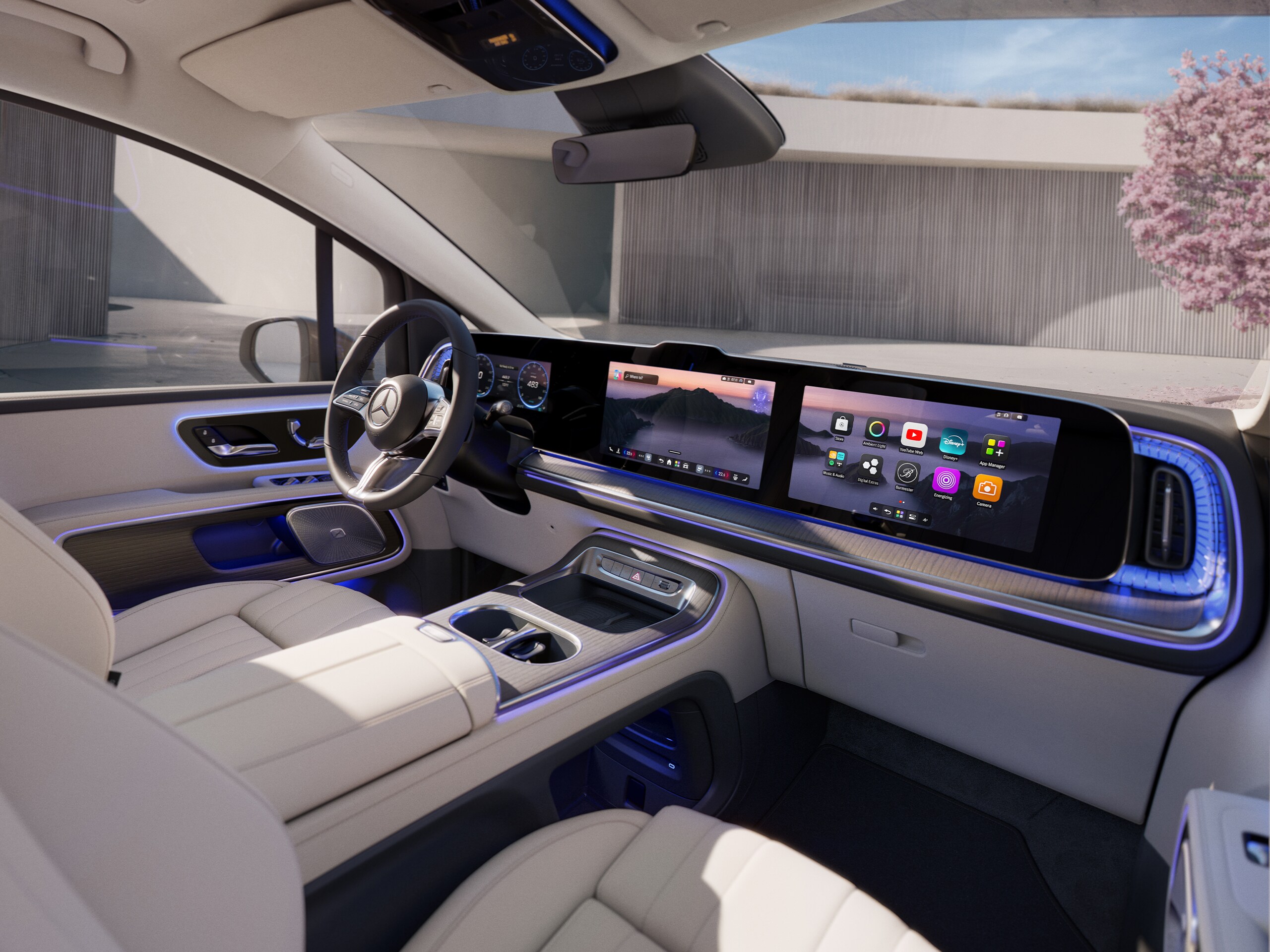 Cockpit| VLE | Mercedes-Benz De stijlvolle, op meubels geïnspireerde cockpit met drie displays.