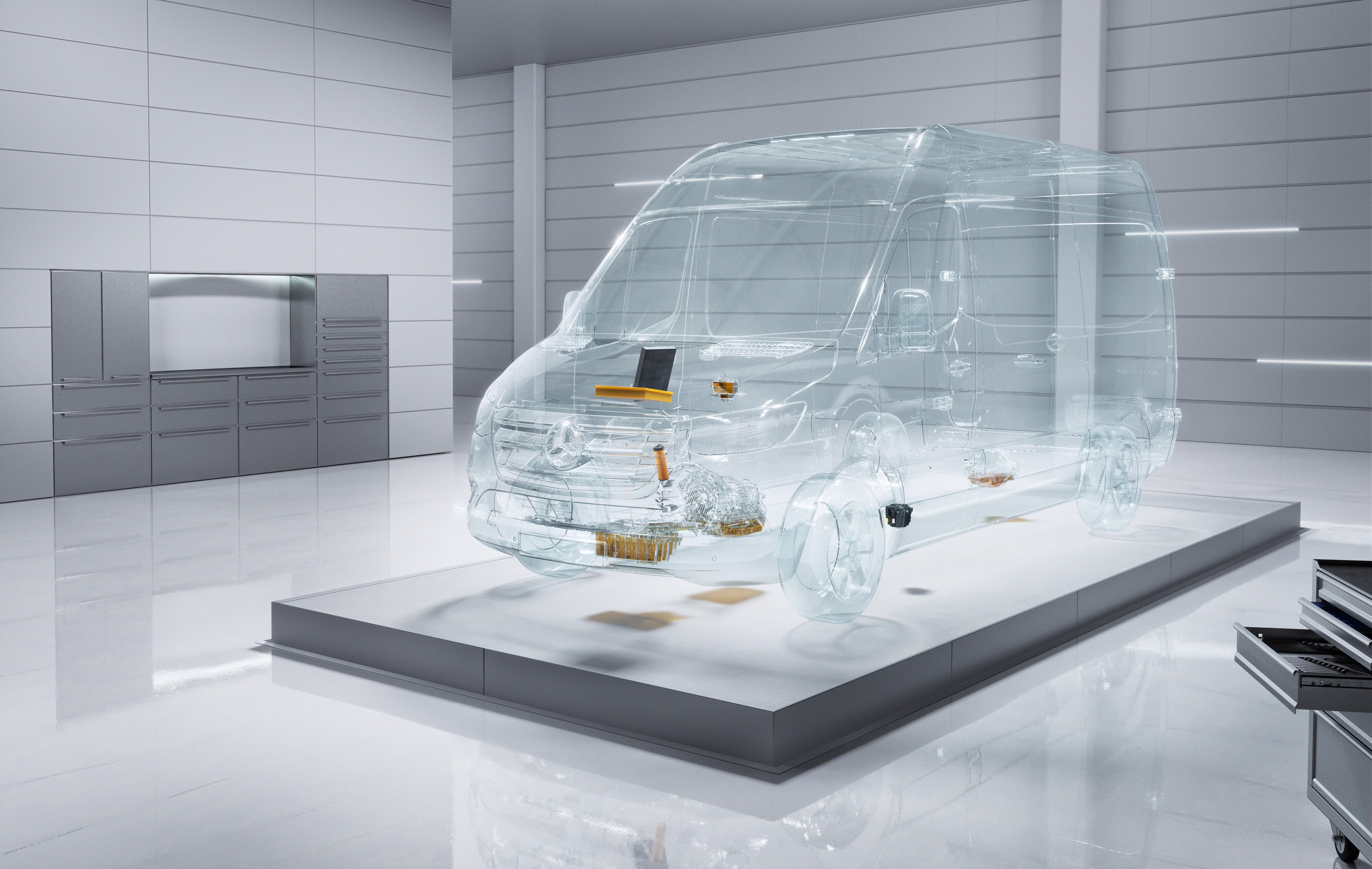 Mercedes-Benz | Van ServiceCare | Entretien optimal Un utilitaire léger Mercedes-Benz Sprinter transparent et virtuel dans un atelier.